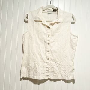 Lemon Grass Embroidered Sleeveless Top Linen Blend Ecru Lagenlook Size Large